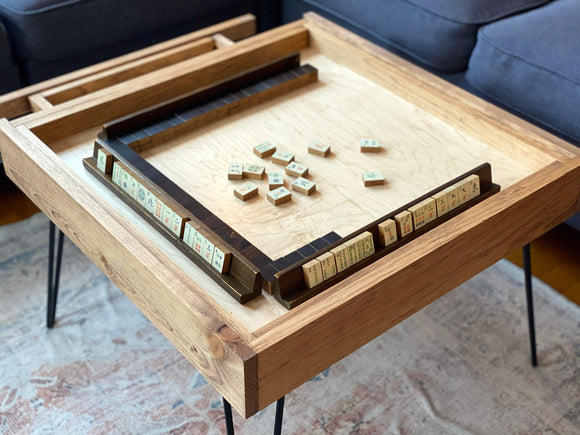 Rustic BYO Board Game Table with Removable Tempered Glass Top and Hidden Storage Drawer - Bards & Cards