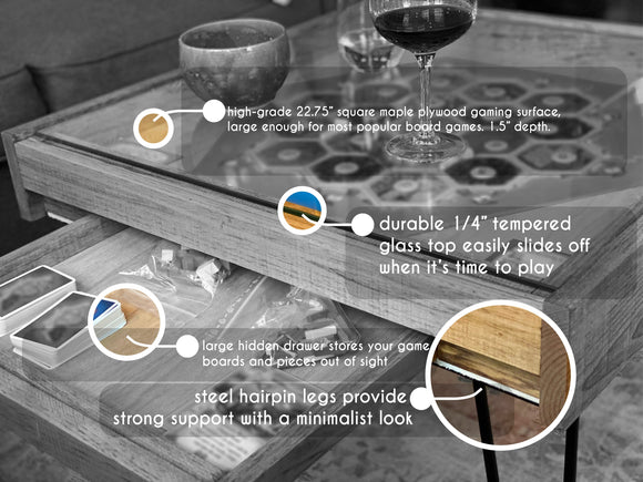 Rustic BYO Board Game Table with Removable Tempered Glass Top and Hidden Storage Drawer - Bards & Cards