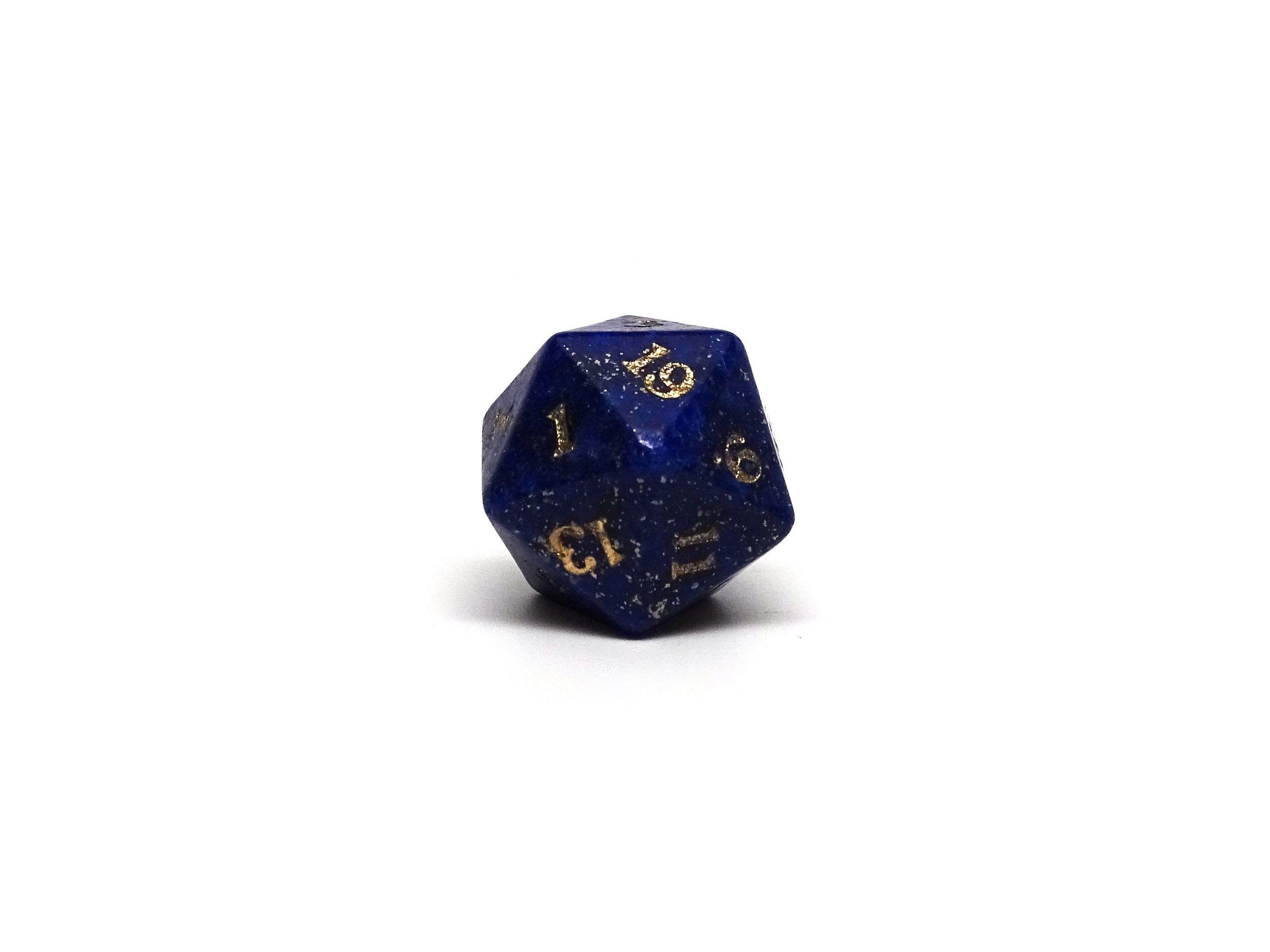 Stone D20 Dice - Lapis Lazuli - Gold Signature Font - Bards & Cards