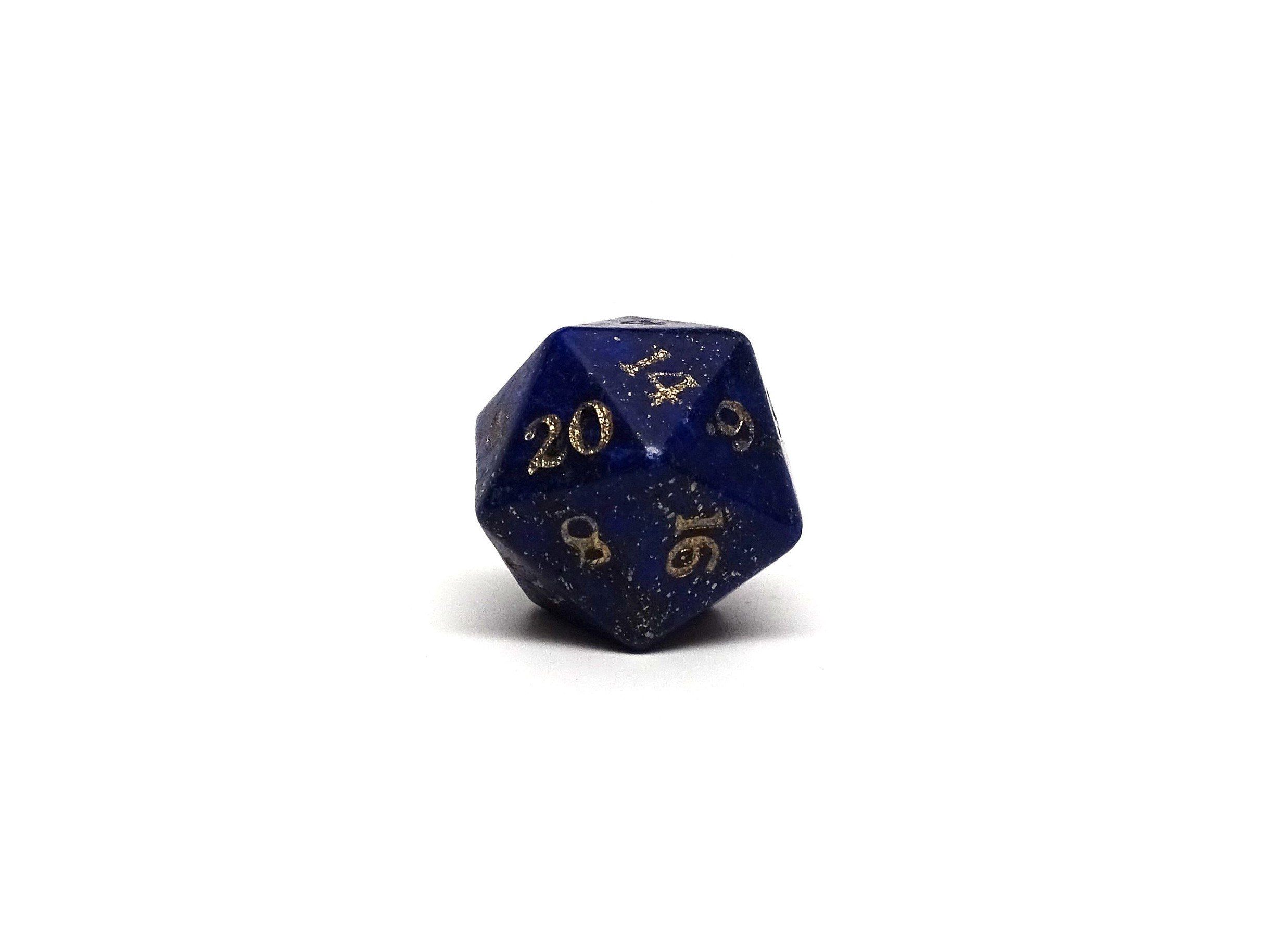 Stone D20 Dice - Lapis Lazuli - Gold Signature Font - Bards & Cards