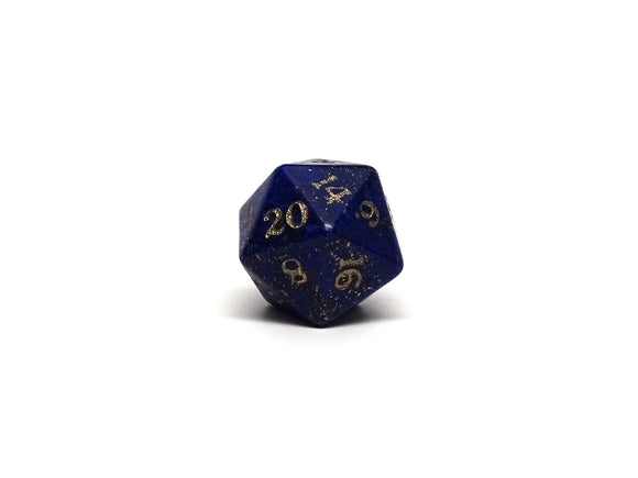 Stone D20 Dice - Lapis Lazuli - Gold Signature Font - Bards & Cards