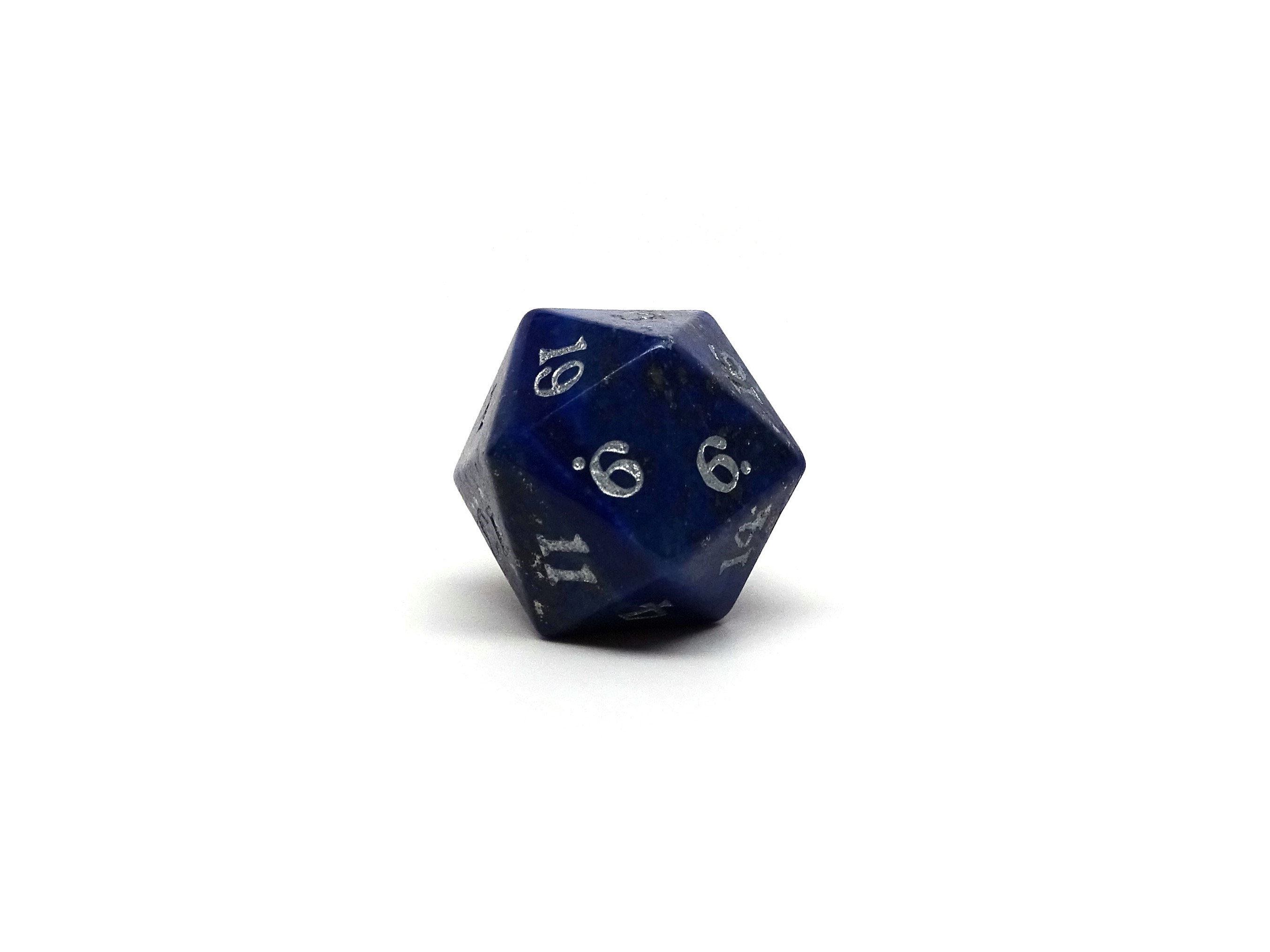 Stone D20 Dice - Lapis Lazuli - Silver Signature Font - Bards & Cards