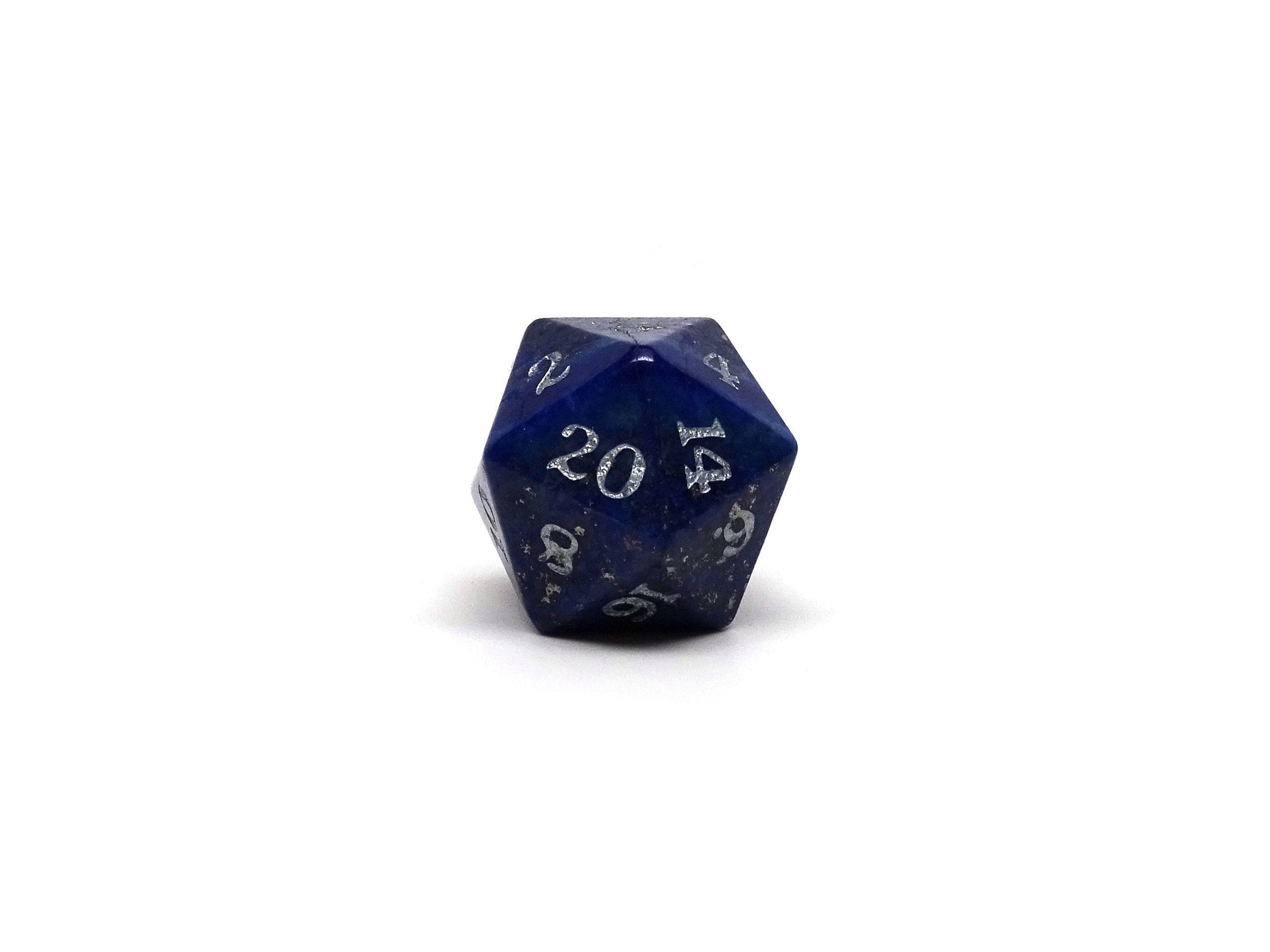 Stone D20 Dice - Lapis Lazuli - Silver Signature Font - Bards & Cards