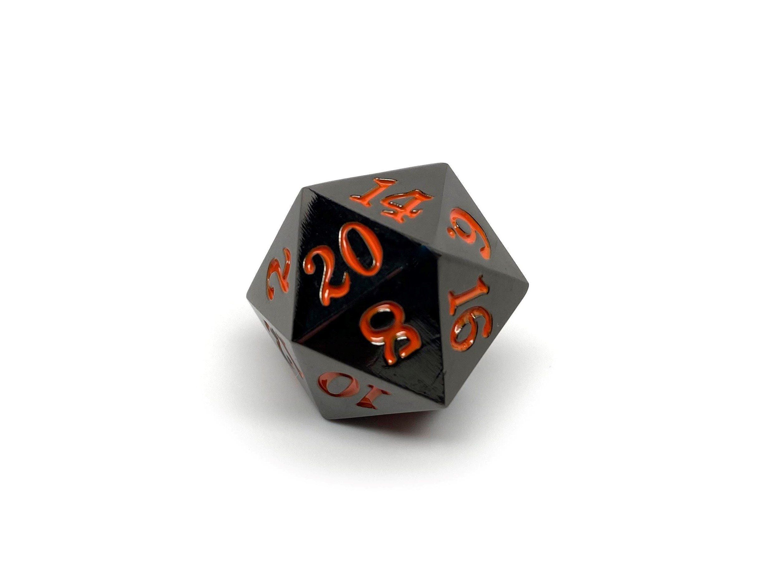 Gun Metal D20 - Signature Font -  Orange Font - Bards & Cards