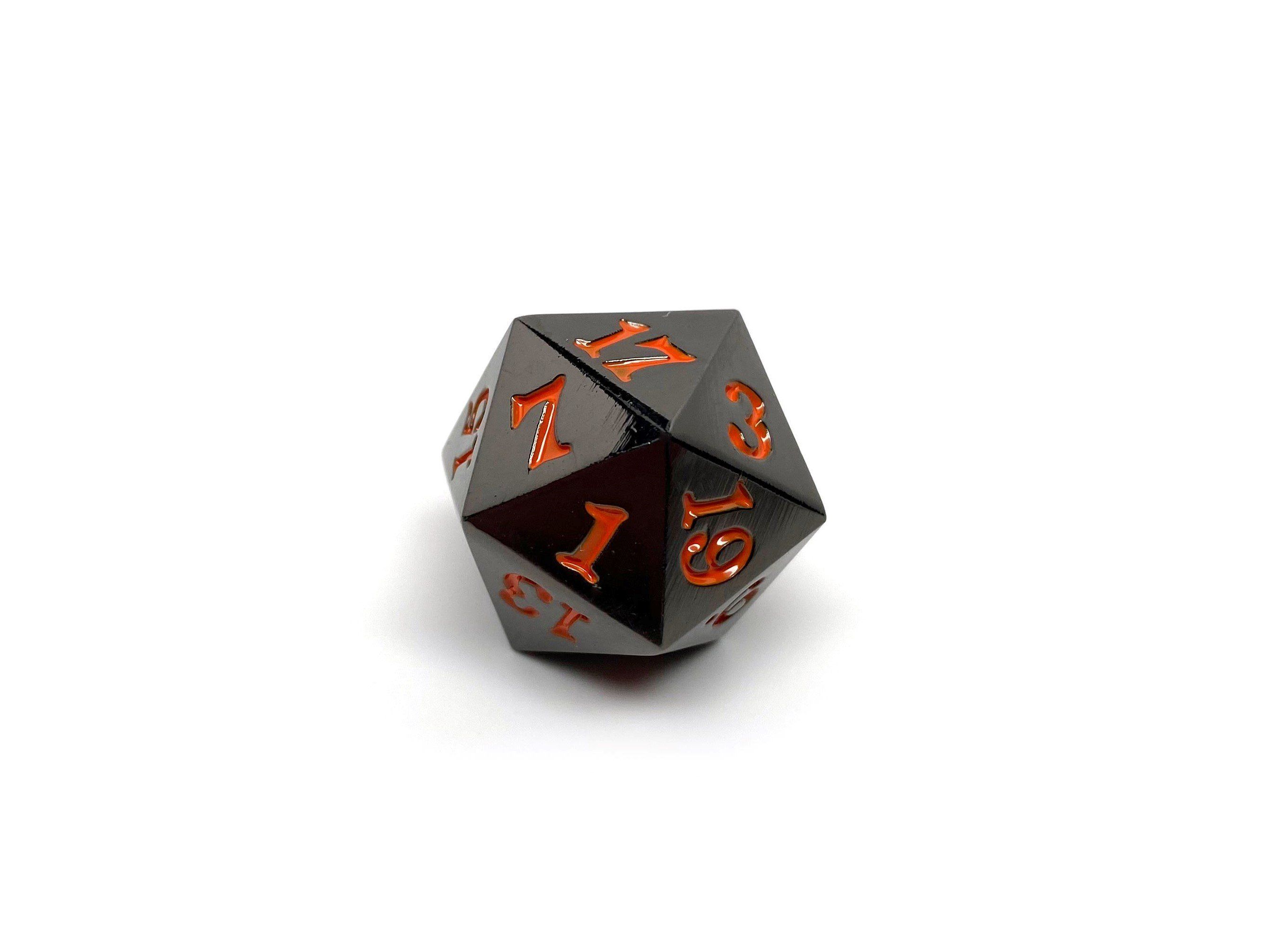 Gun Metal D20 - Signature Font -  Orange Font - Bards & Cards