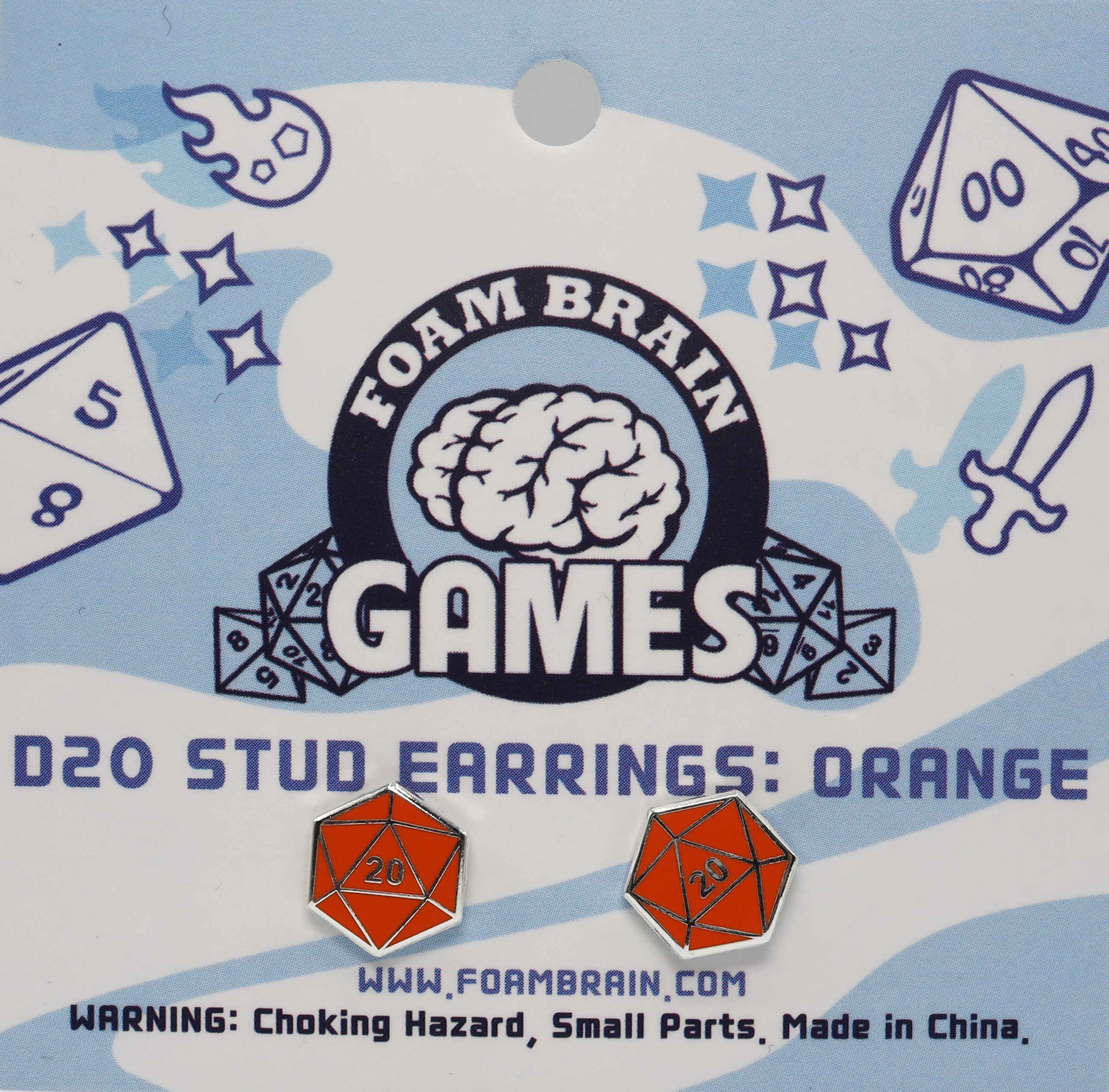 Foam Brain Games D20 Stud Earrings - Bards & Cards