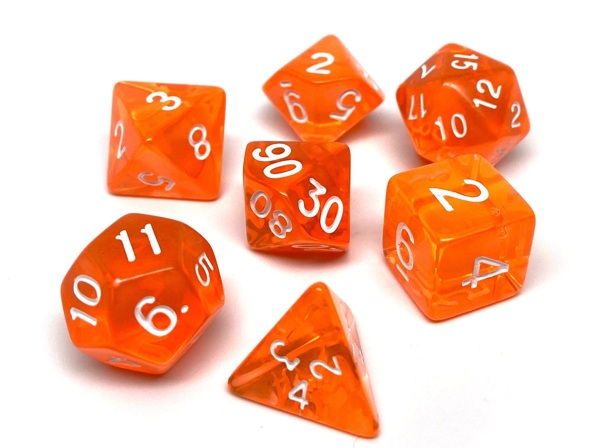 Orange Translucent Dice - 7 Piece Set - Bards & Cards