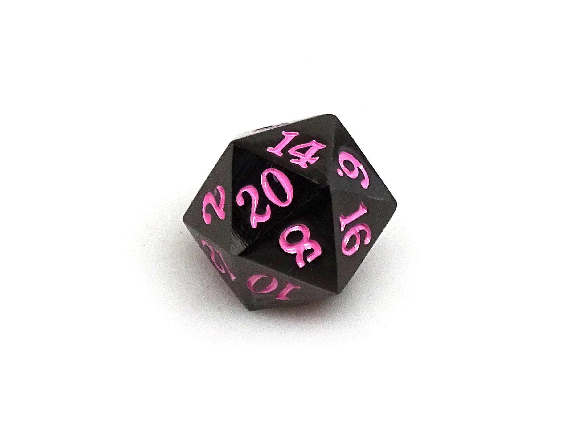 Gun Metal D20 - Signature Font -  Pink Font - Bards & Cards