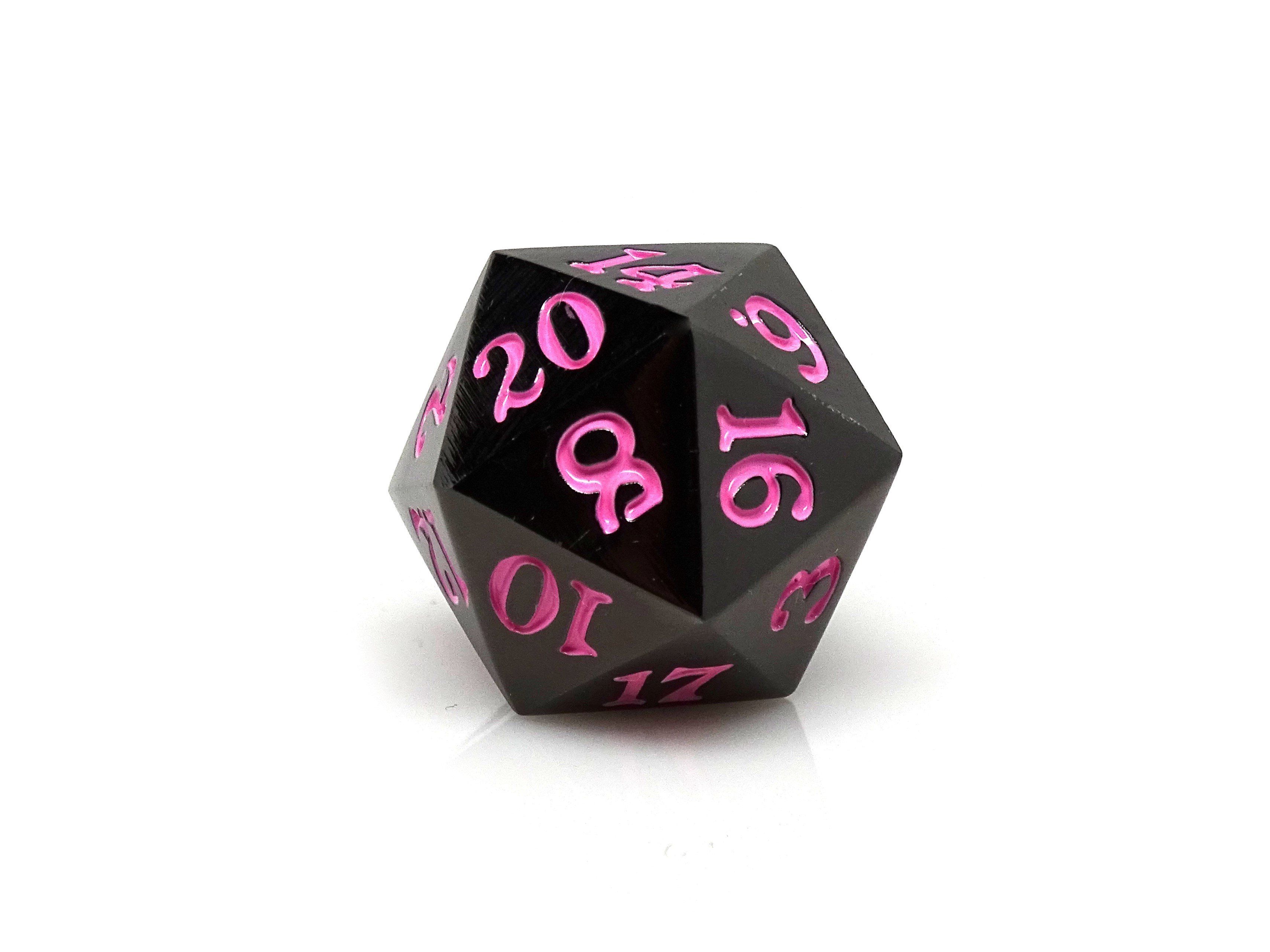 Gun Metal D20 - Signature Font -  Pink Font - Bards & Cards