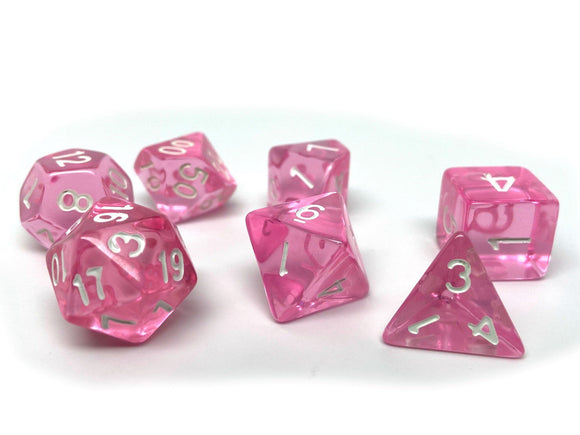Pink Translucent Dice - 7 Piece Set - Bards & Cards