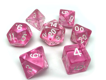 Pink Translucent Dice - 7 Piece Set - Bards & Cards