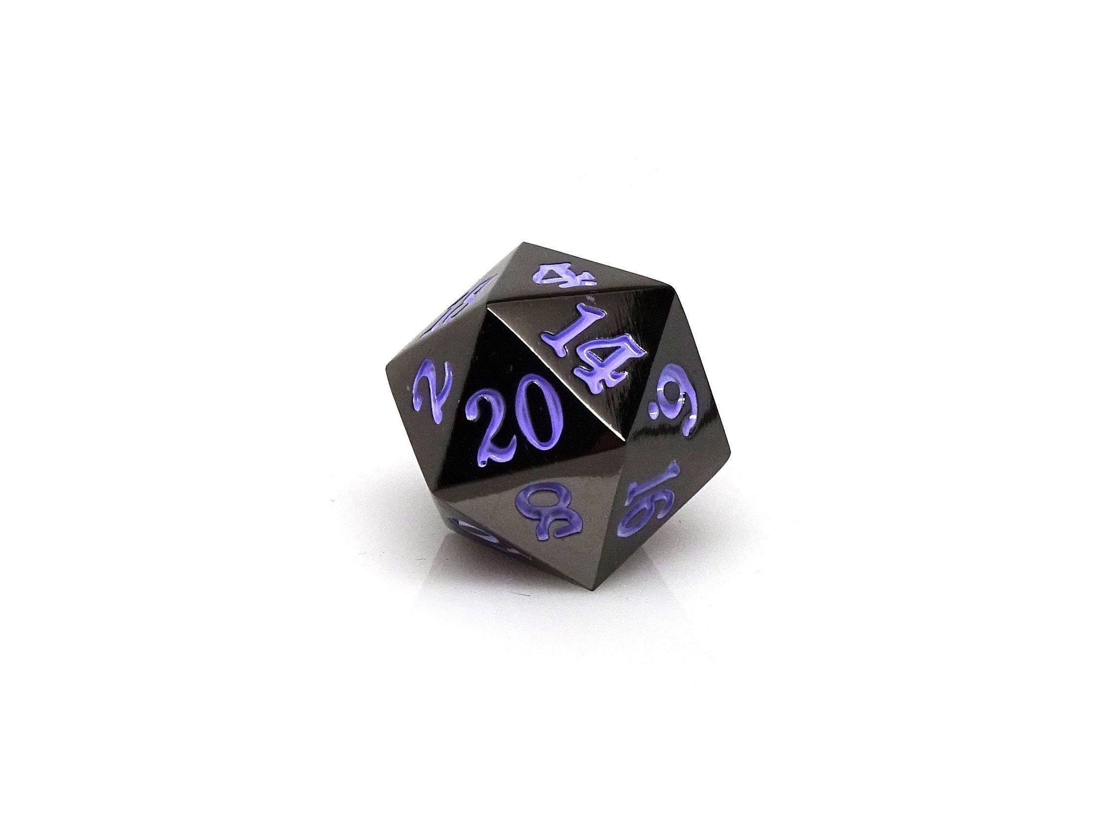 Gun Metal D20 - Signature Font -  Purple Font - Bards & Cards