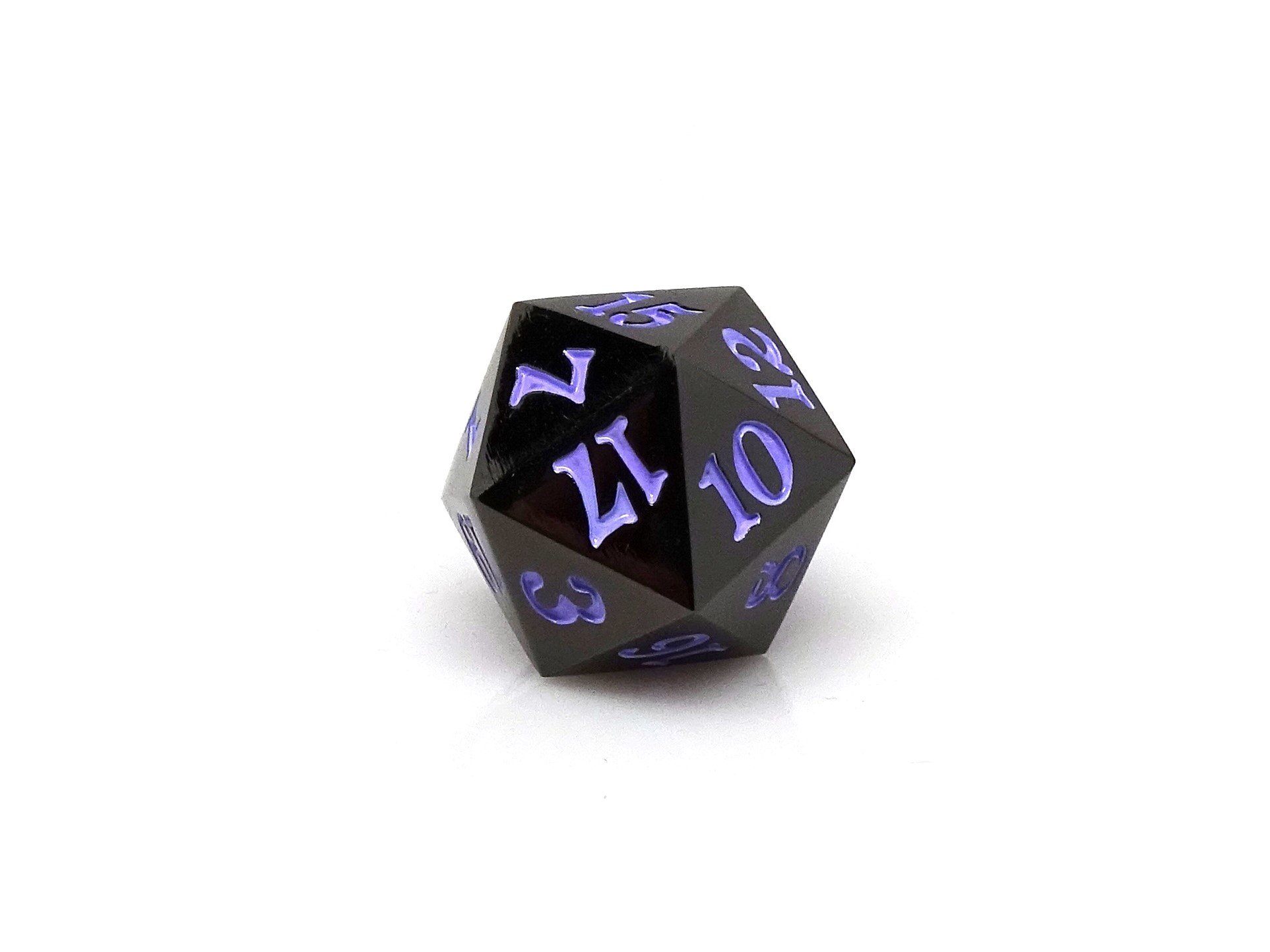 Gun Metal D20 - Signature Font -  Purple Font - Bards & Cards