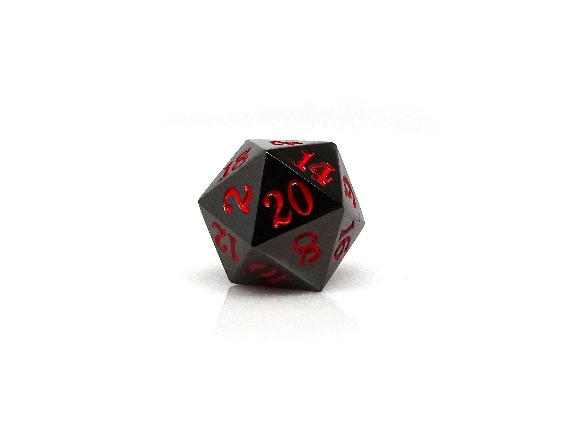 Gun Metal D20 - Signature Font -  Red Font - Bards & Cards