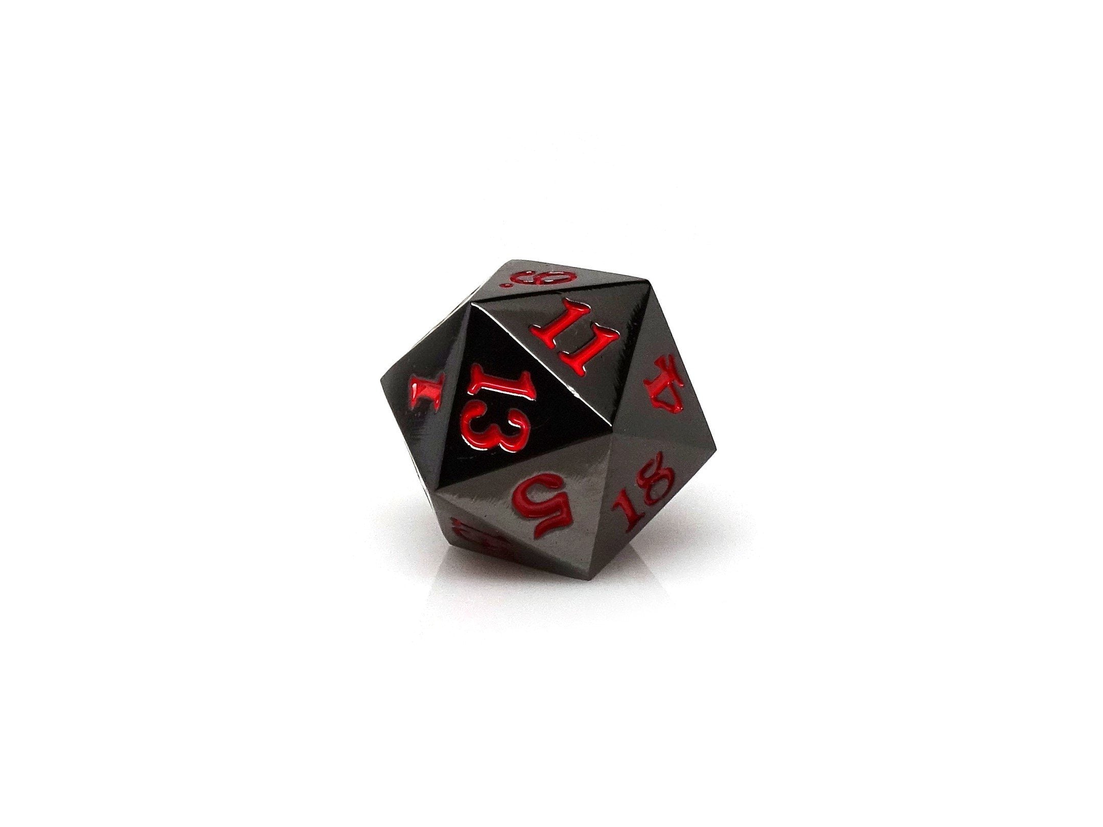 Gun Metal D20 - Signature Font -  Red Font - Bards & Cards