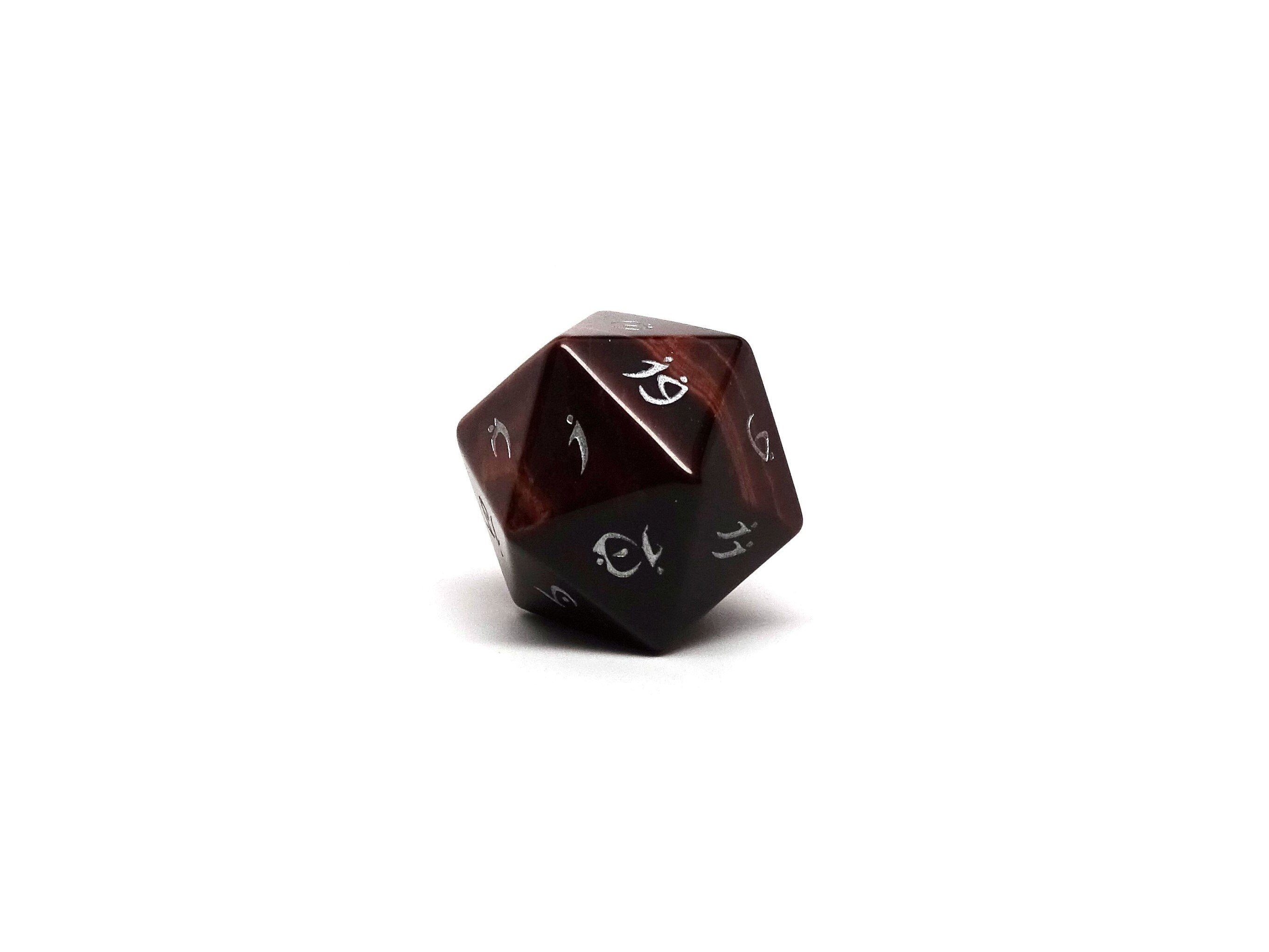 Red Tigers Eye D20 Dice - Elvenkind Font - Bards & Cards