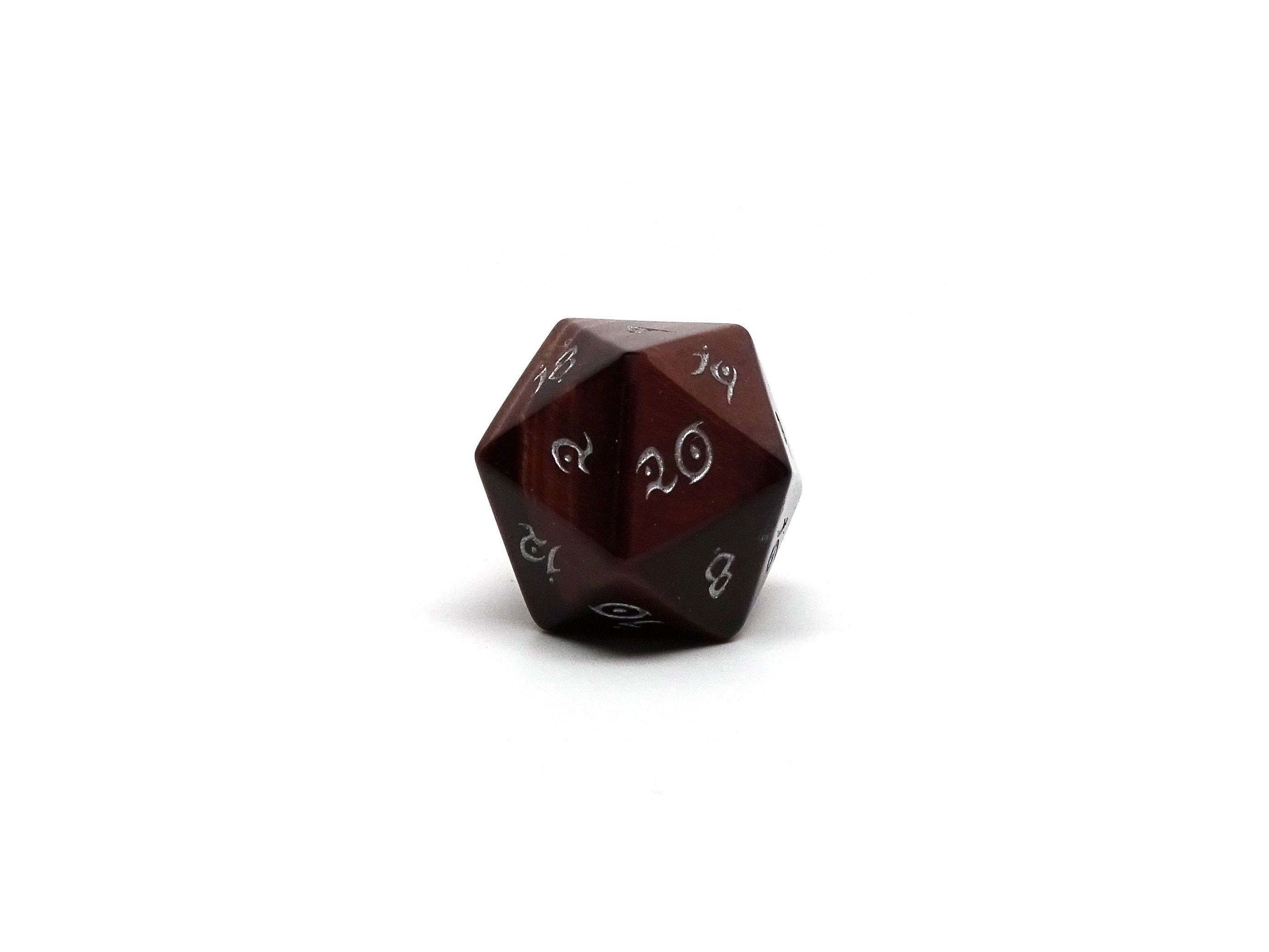 Red Tigers Eye D20 Dice - Elvenkind Font - Bards & Cards