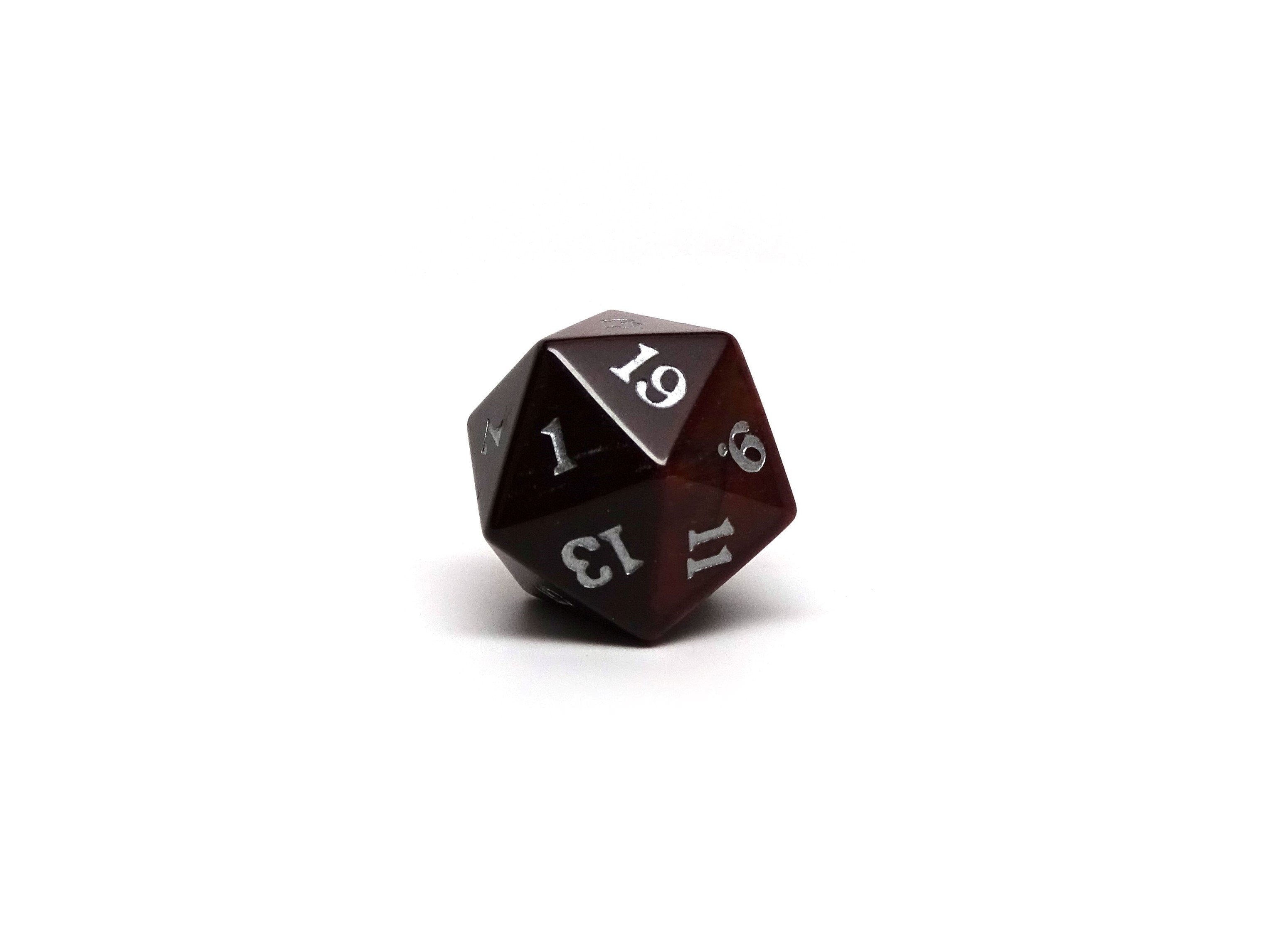 Stone D20 Dice - Red Tigers Eye - Signature Font - Bards & Cards