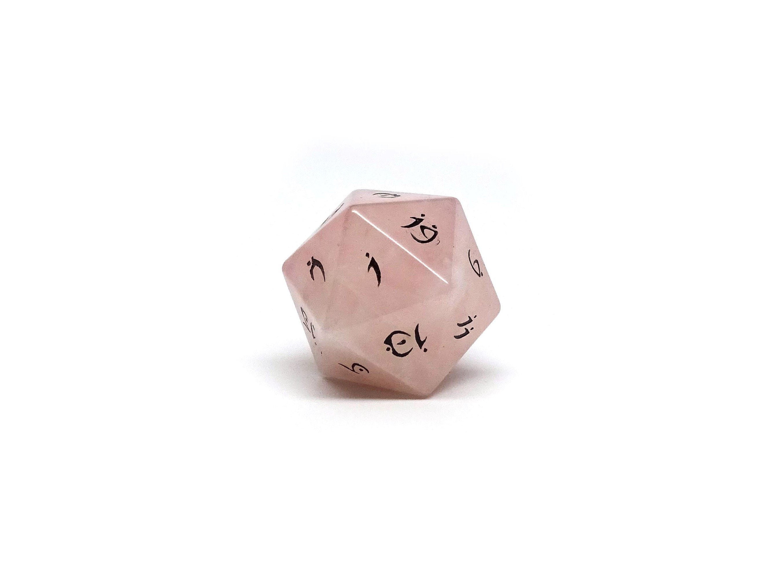 Rose Quartz D20 Dice - Elvenkind Font - Bards & Cards