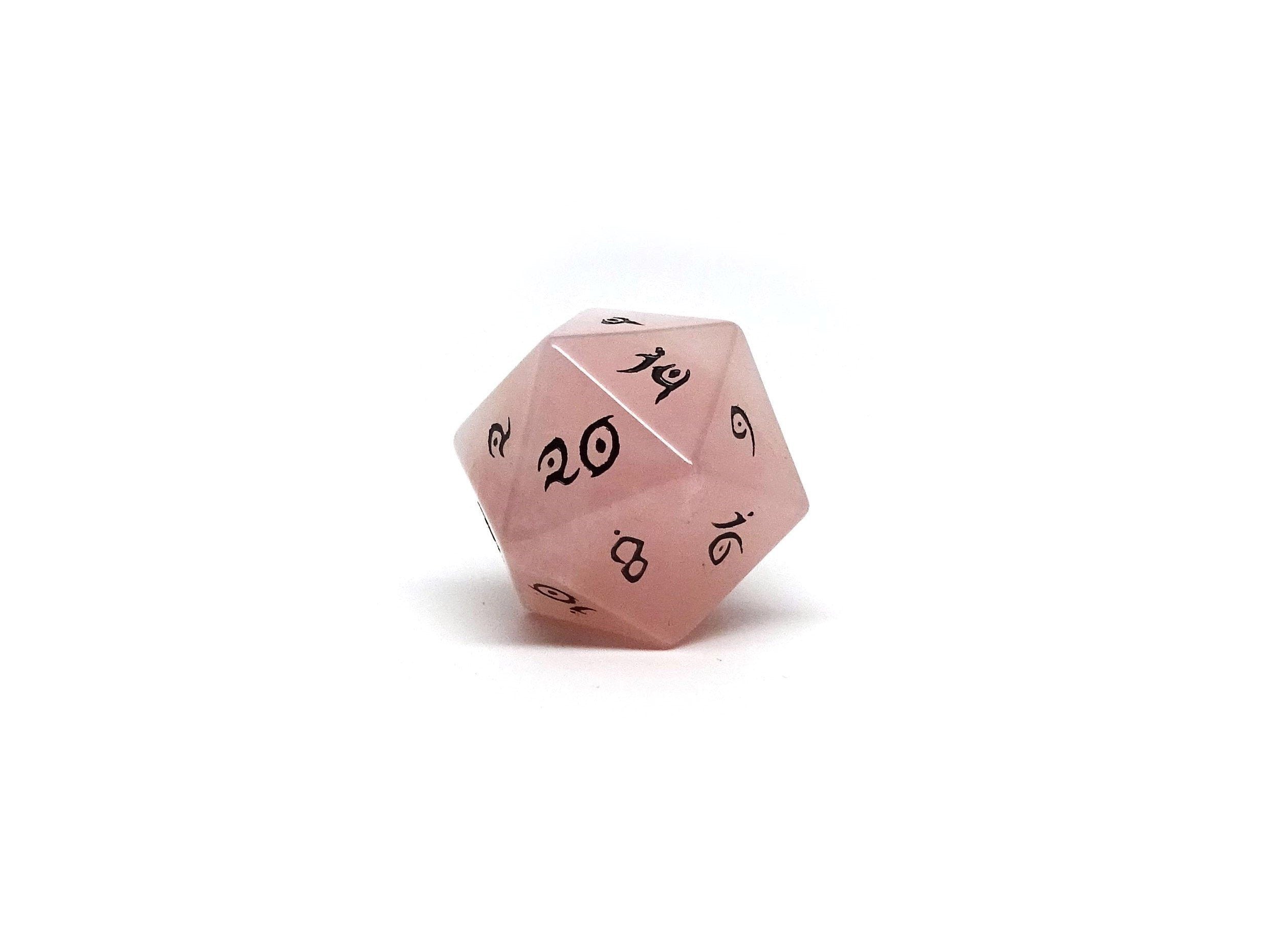 Rose Quartz D20 Dice - Elvenkind Font - Bards & Cards