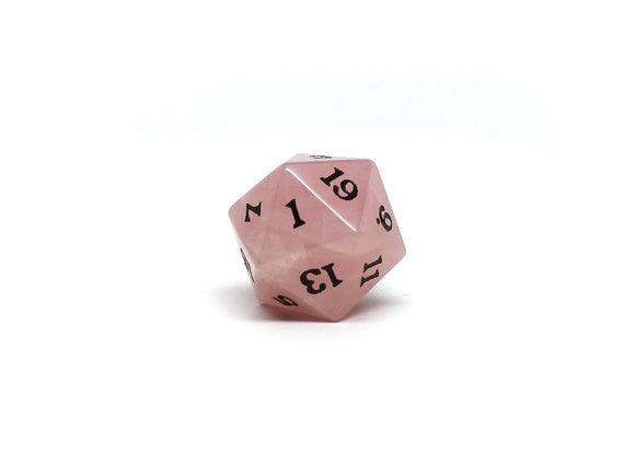 Stone D20 Dice - Rose Quartz - Signature Font - Bards & Cards