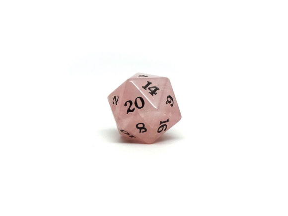 Stone D20 Dice - Rose Quartz - Signature Font - Bards & Cards