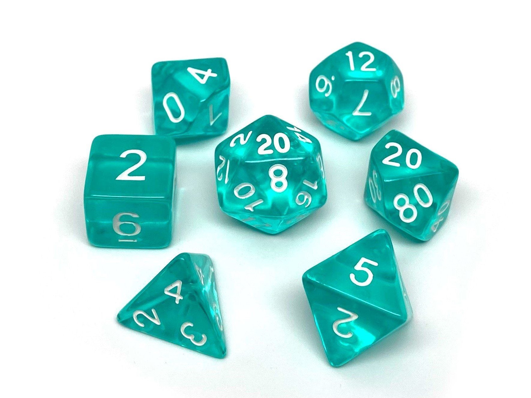 Teal Translucent Dice - 7 Piece Set - Bards & Cards