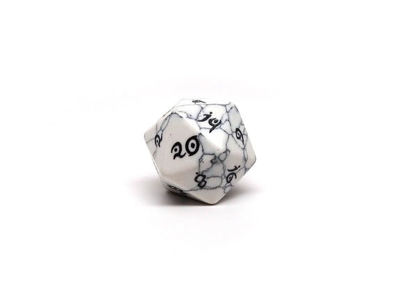 White Howlite D20 - Elvenkind Font - Bards & Cards