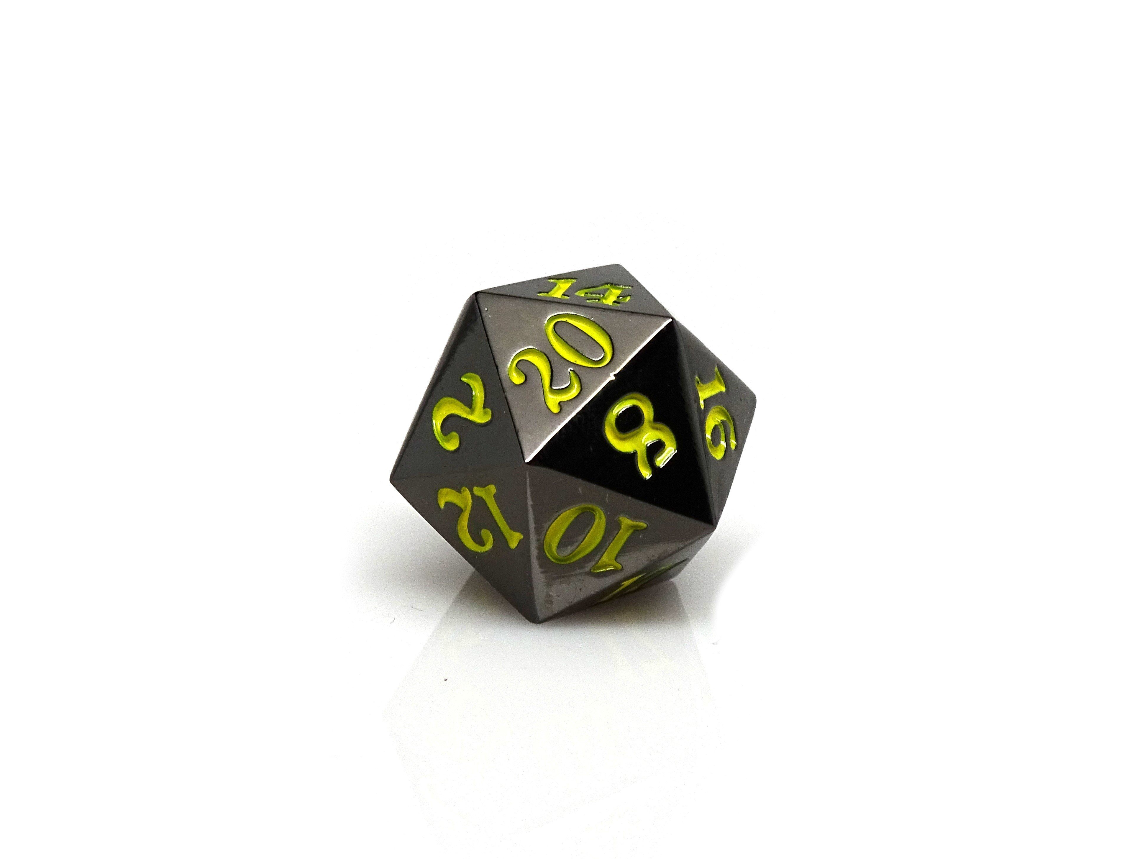 Gun Metal D20 - Signature Font -  Yellow Font - Bards & Cards