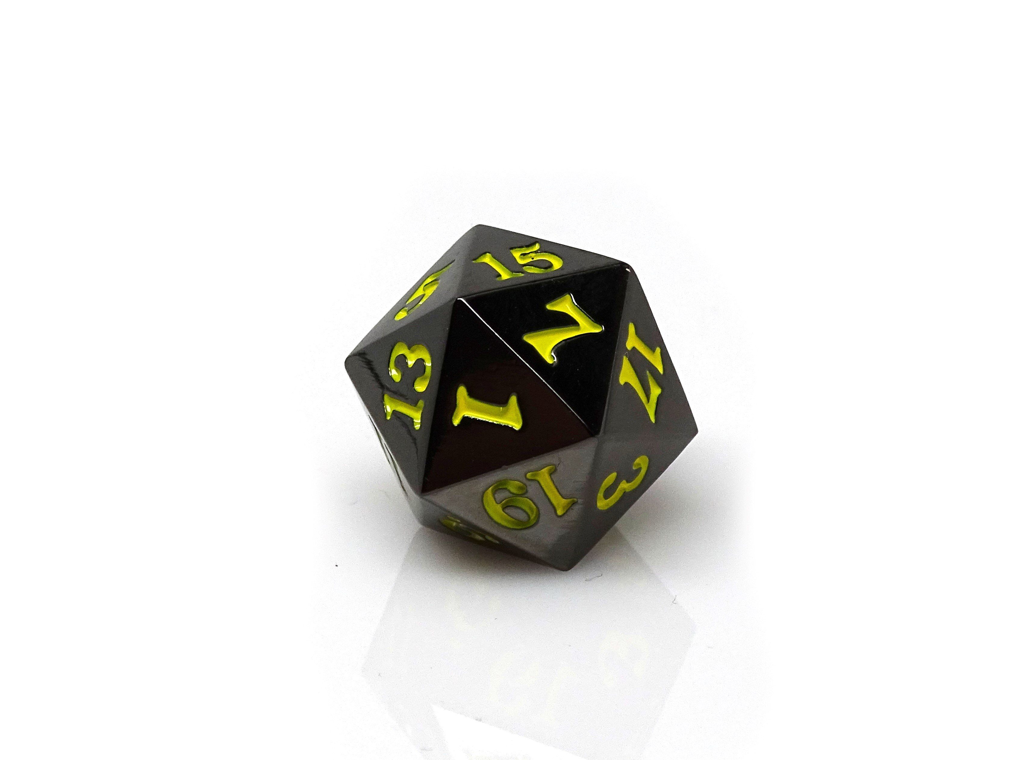 Gun Metal D20 - Signature Font -  Yellow Font - Bards & Cards