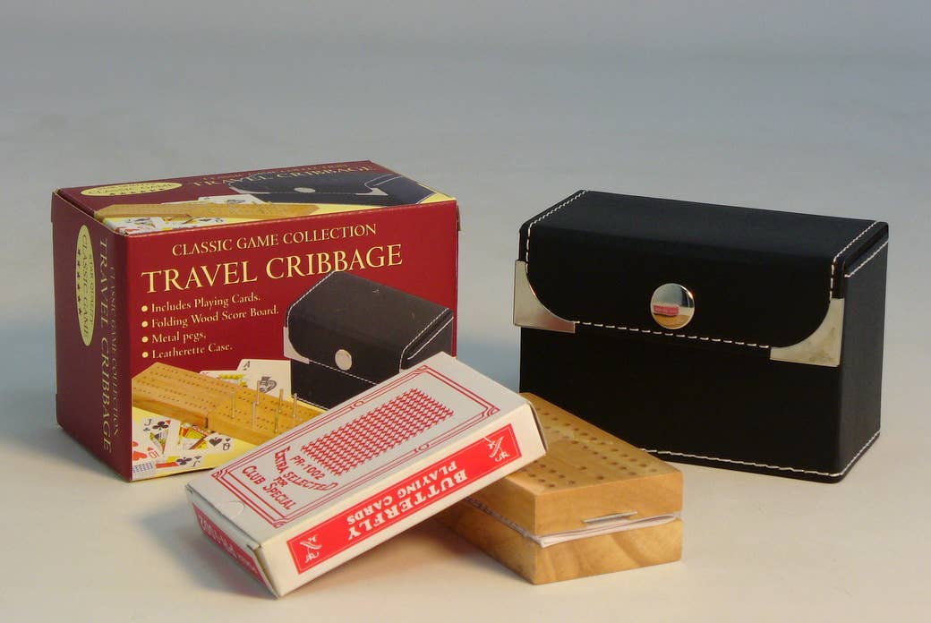 2-Player Travel Folding Wood Cribbage Set-Snap Case and card - Bards & Cards