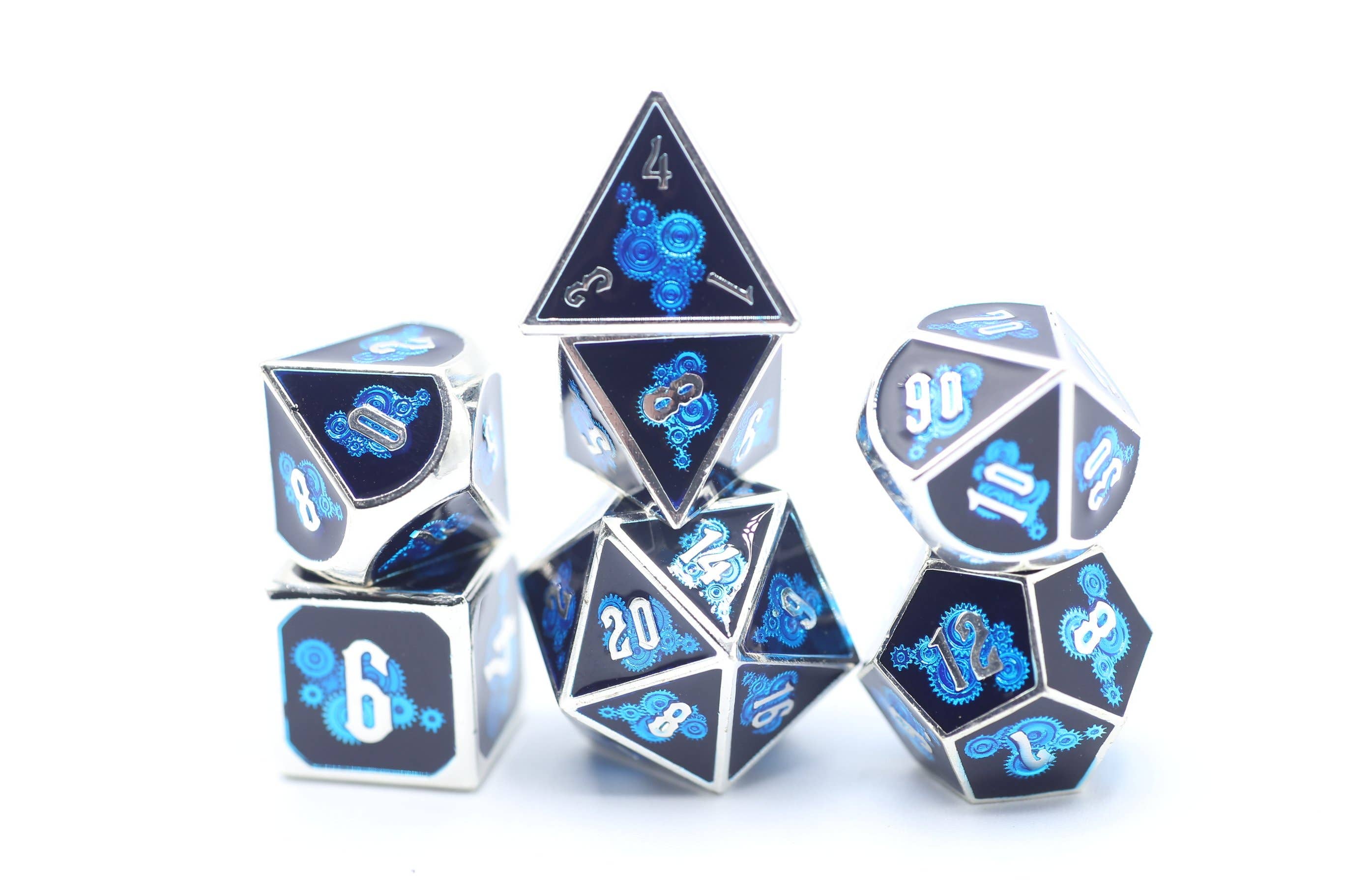 HY00127 Solid Metal Blue Gear Dice set - Bards & Cards