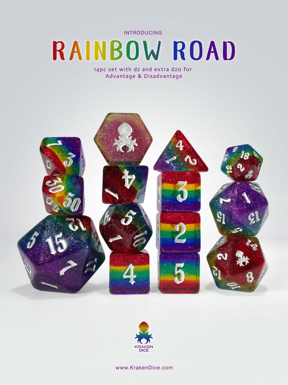 Rainbow Road 14pc Dice Set Benefiting The Trevor Project - Bards & Cards