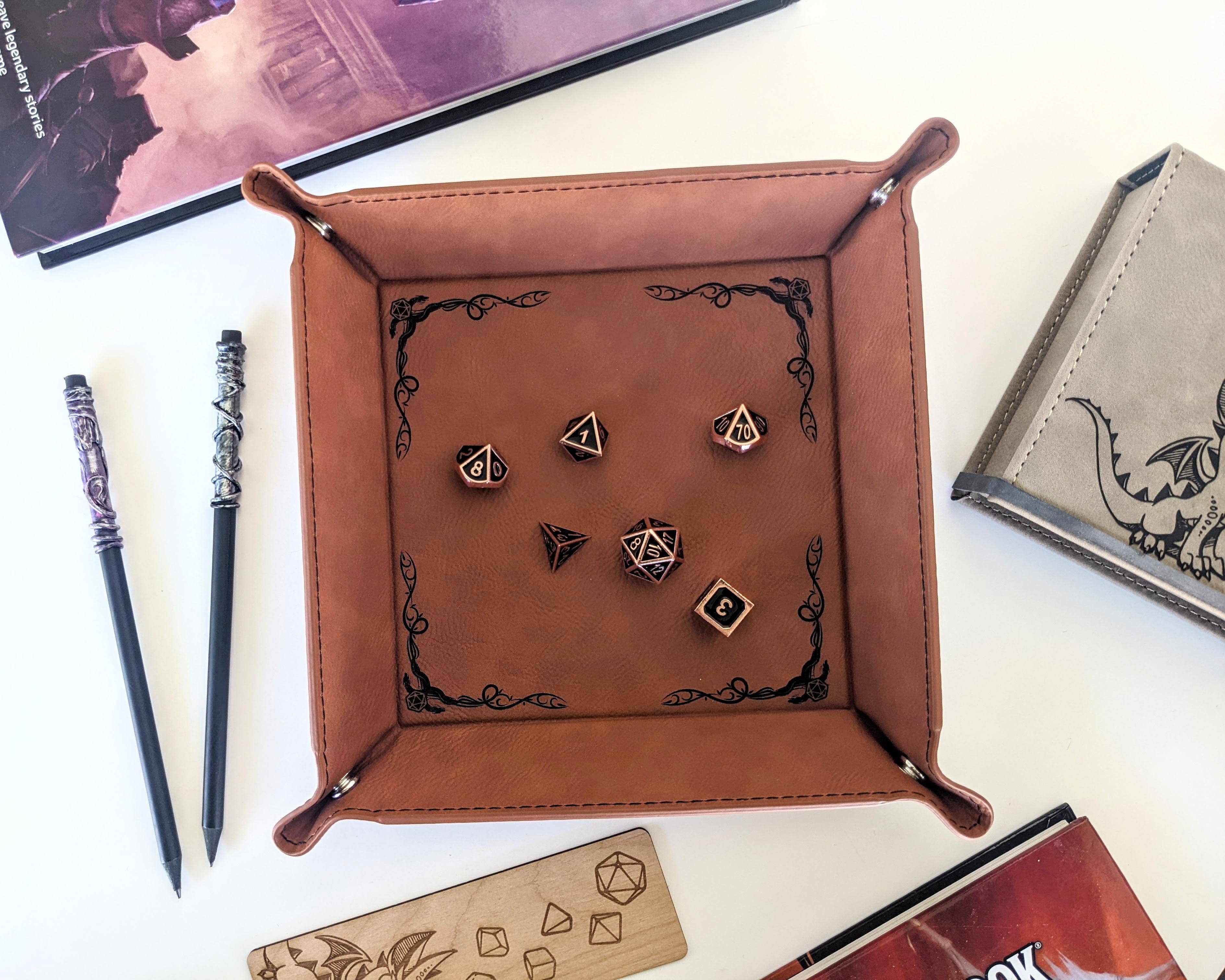 NTSD Gaming and Bookish Goods - Dragon Border - D&D - Vegan Leather Dice Rolling Tray - Bards & Cards