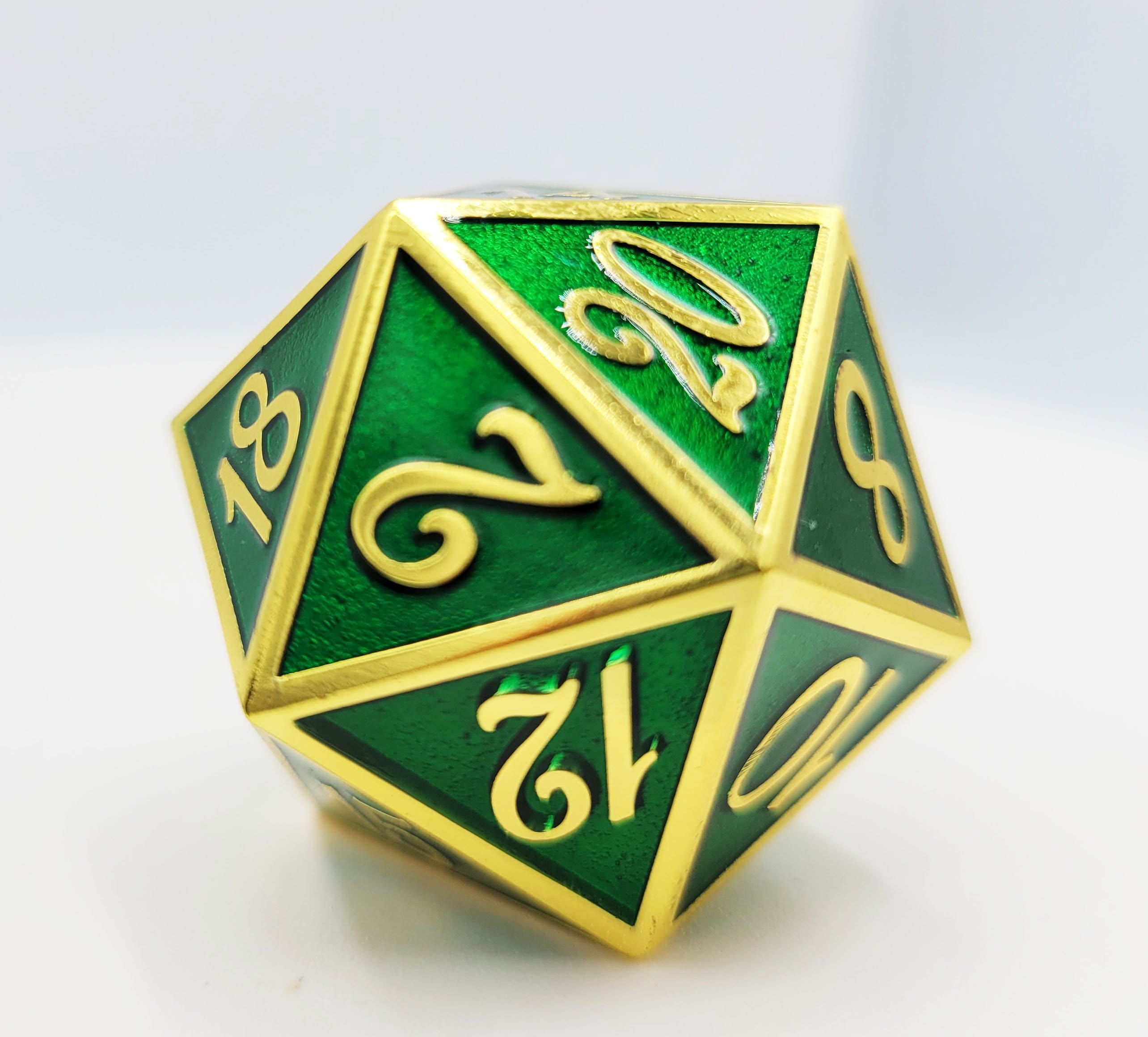 35mm Metal D20 - Gold with Emerald - Bards & Cards