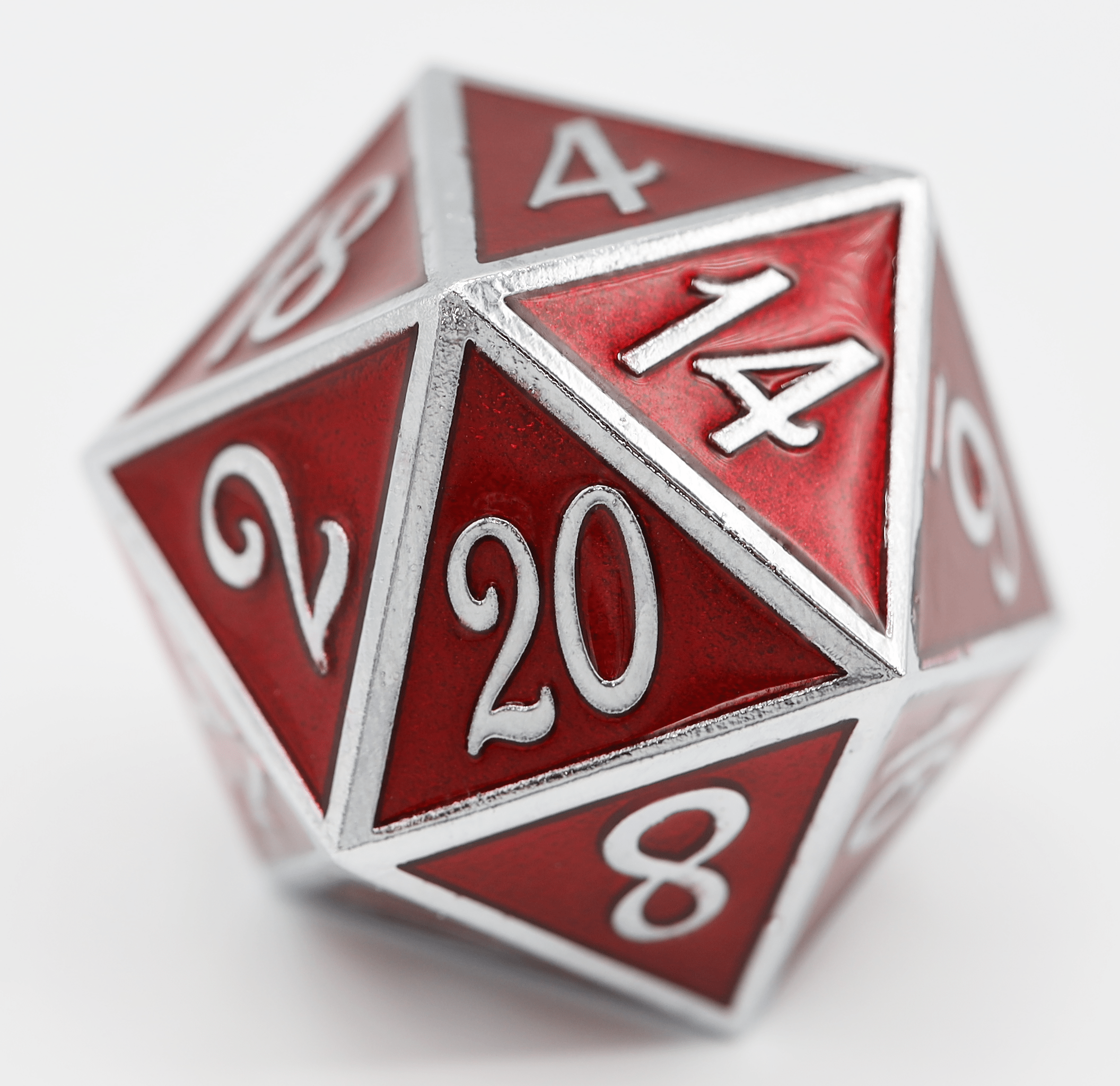 35mm Metal D20 - Silver with Ruby - Bards & Cards