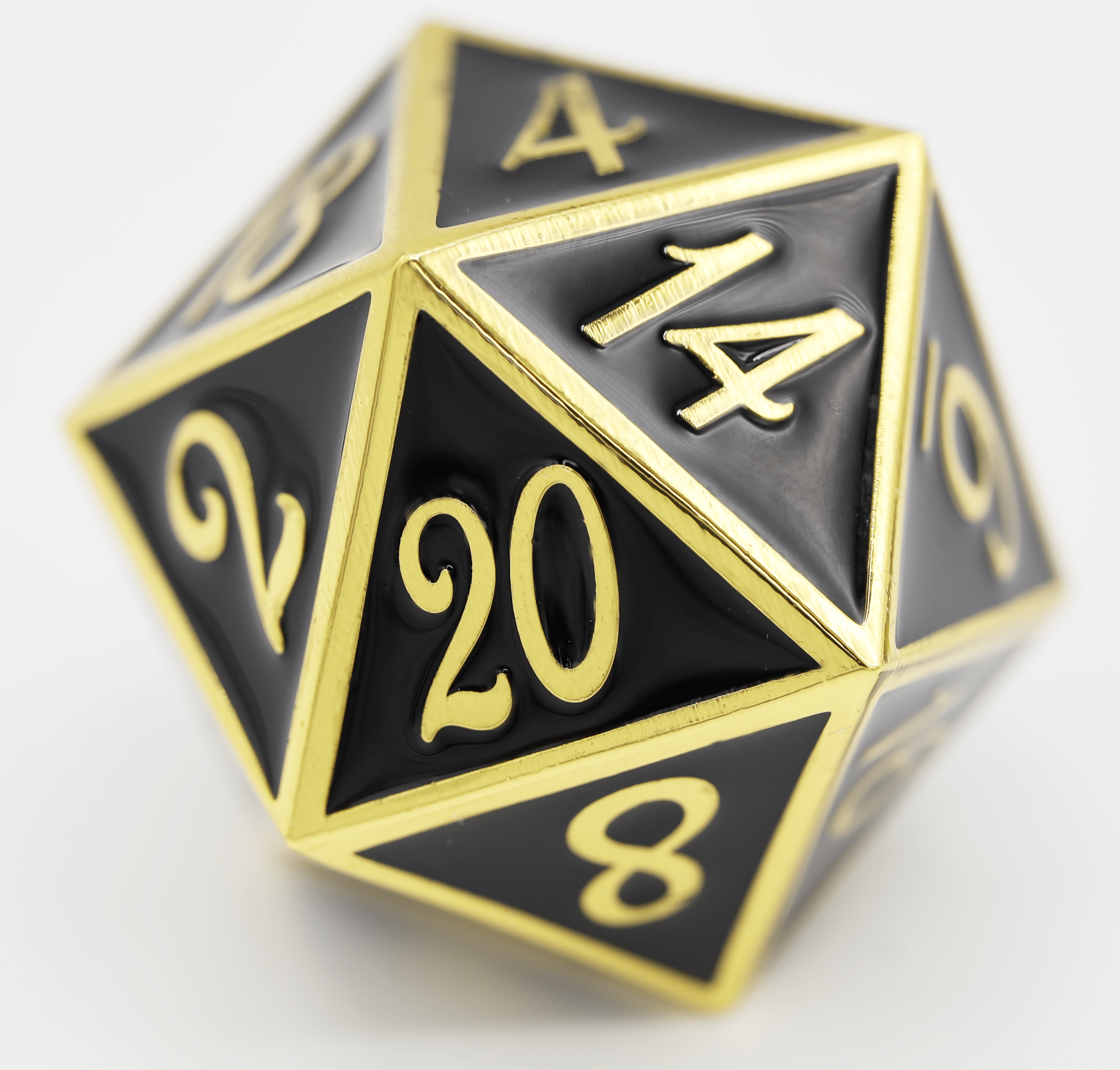 35mm Metal D20 - Gold with Onyx - Bards & Cards