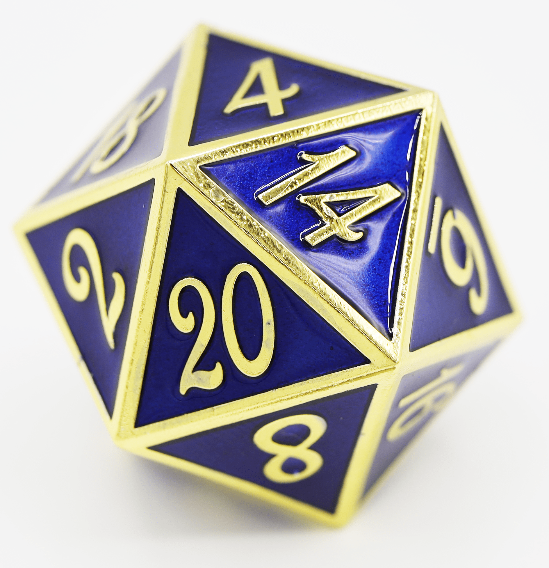 35mm Metal D20 - Gold with Sapphire - Bards & Cards