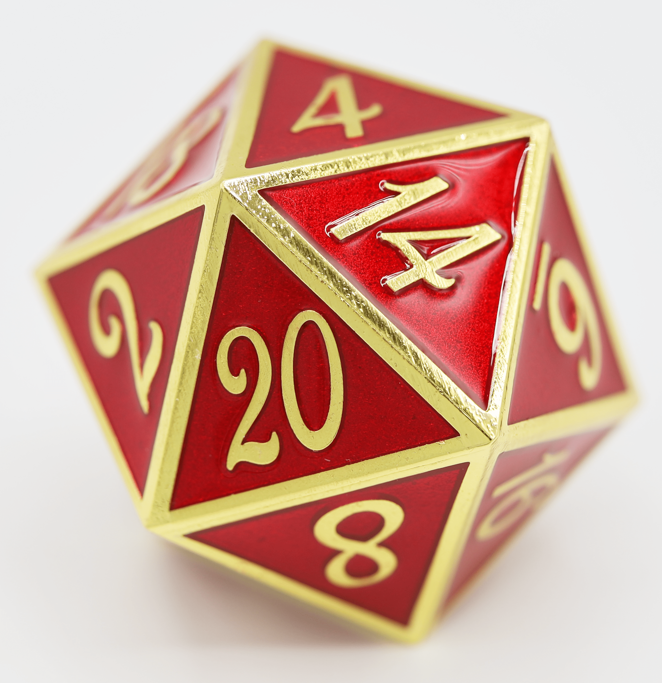 35mm Metal D20 - Gold with Ruby - Bards & Cards