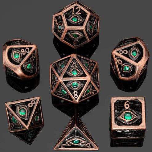 HY00161 Dragon's Eye Hollow Metal Dice Set - Emerald Green Gems - Bards & Cards