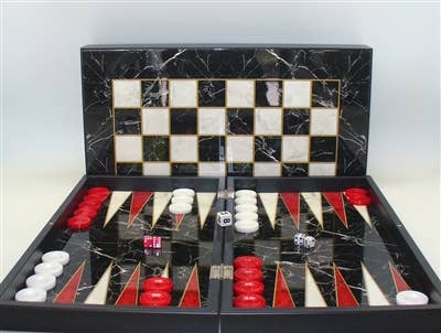 Backgammon- 19" Black/White Marble Decoupage Backgammon Set - Bards & Cards