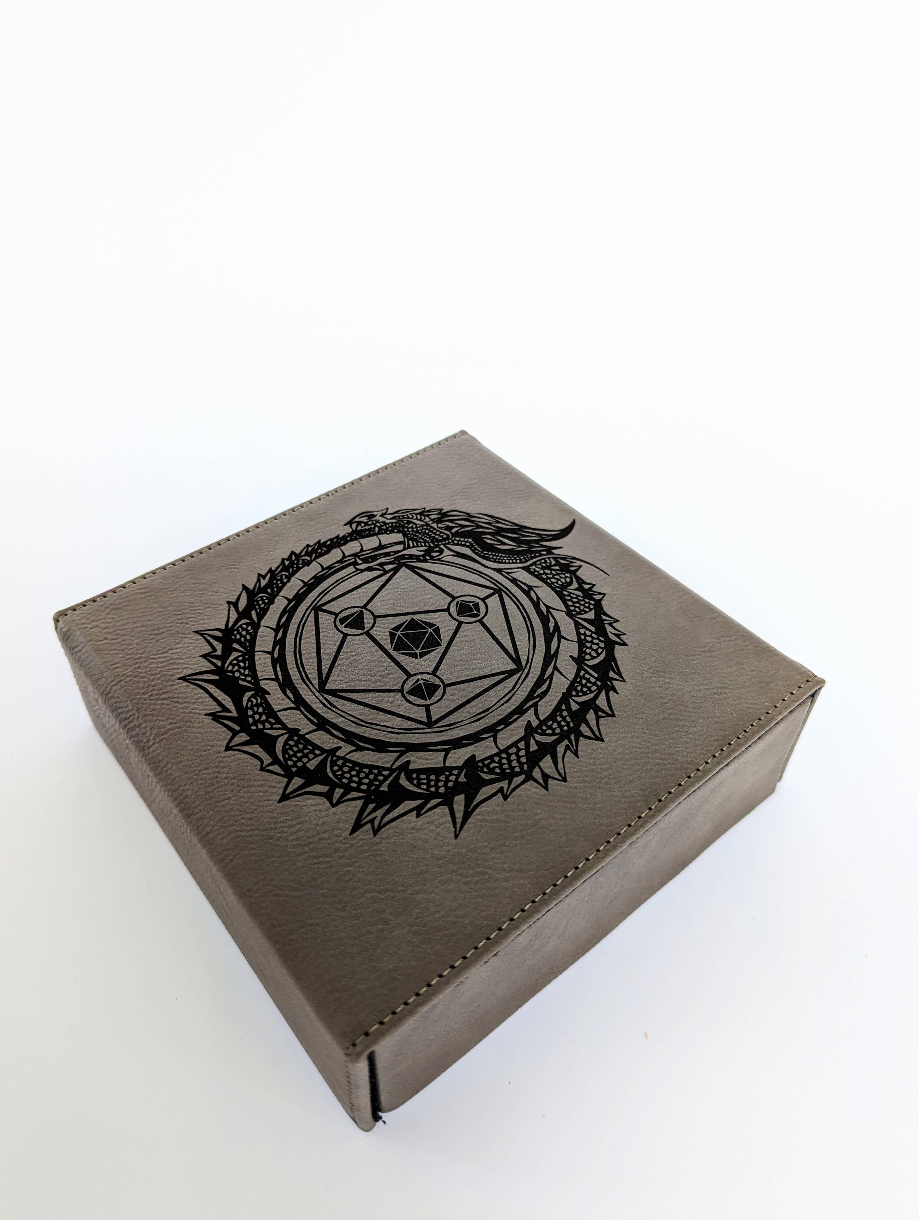Dragon Circle  - D&D - Vegan Leather Dice Box: Grey - Bards & Cards