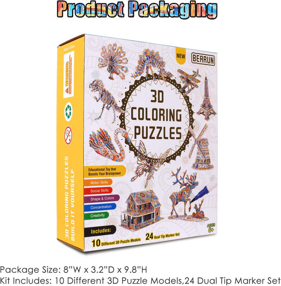 BEARUN 3D Coloring Puzzle Set - Bards & Cards