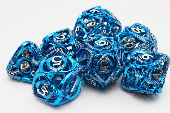 Hollow Hearts: Jeweled Blue -  Metal RPG Dice Set - Bards & Cards