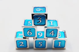 6 piece Metal D6's - Blue and Silver - Bards & Cards