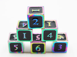 6 piece Metal D6's - Black and Burnt Opal - Bards & Cards