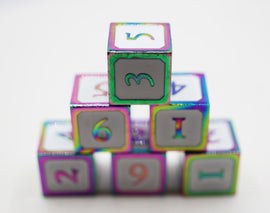 6 piece Metal D6's - White and Burnt Opal - Bards & Cards