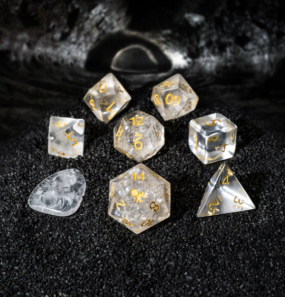 Kraken Dice - Clear Quartz Semi-Precious 8pc Dice Set for RPGs - Bards & Cards