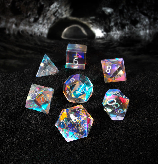 Kraken Dichroic Glass Semi-precious Gemstone Dice Set (Gothik Font) - Bards & Cards