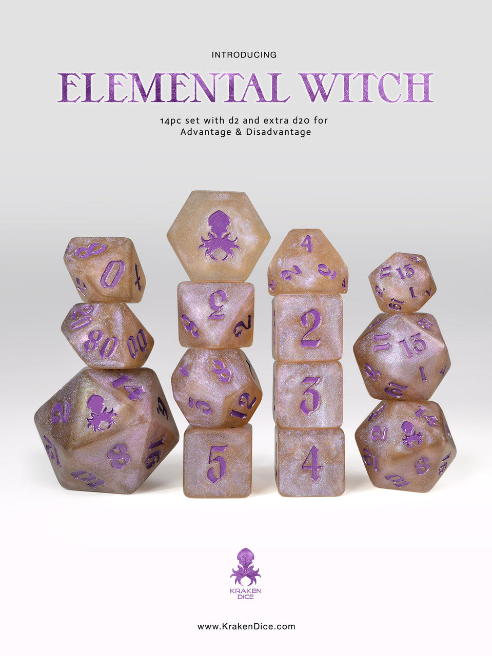 Elemental Witch: Purple Shimmer 14pc Purple Ink Dice Set - Bards & Cards